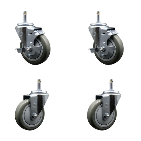 Service Caster 4'' Gray Poly Wheel Swivel 7/16'' Grip Ring Stem Caster Set 2 Brakes, 4PK SCC-GR20S414-PPUB-TLB-716138-2-S-2